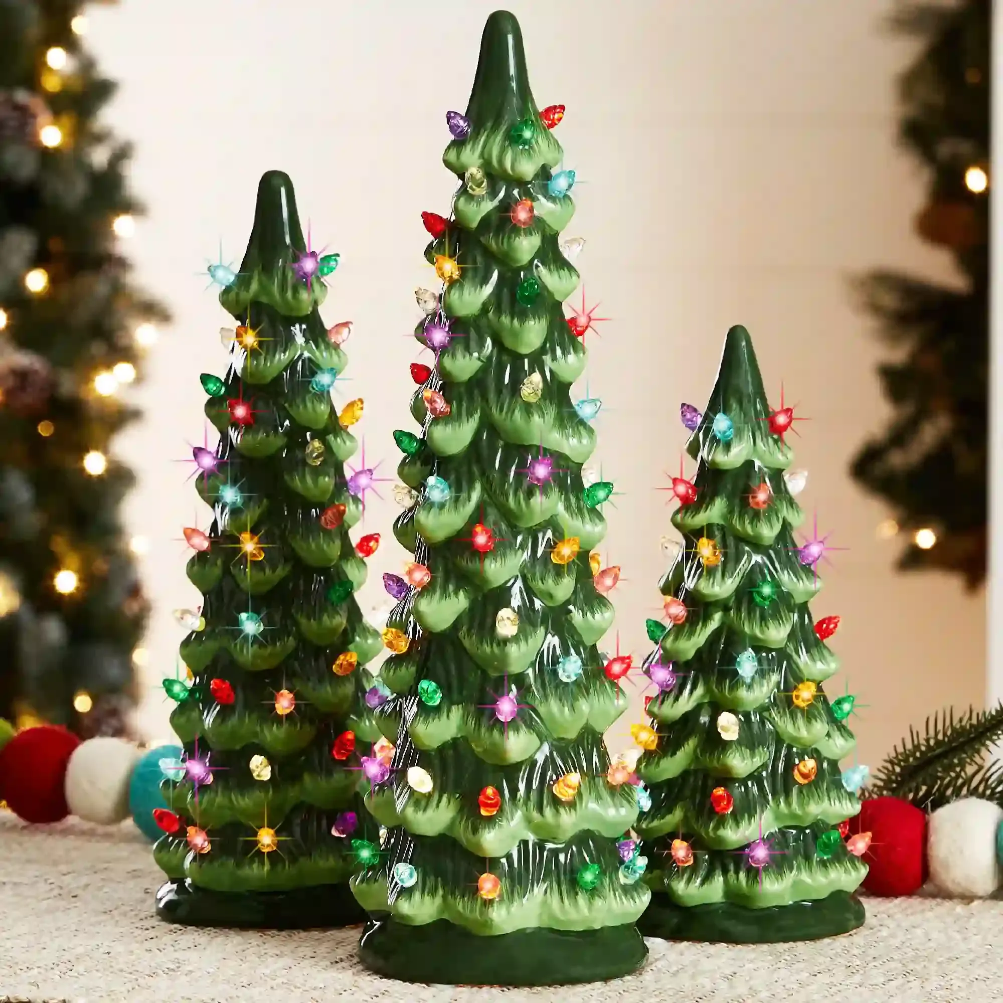3 Pre-Lit Hand-Painted Ceramic Tabletop Christmas Trees