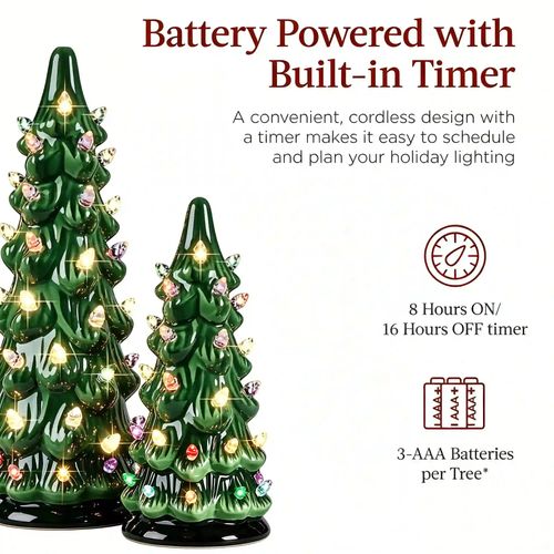 3 Pre-Lit Hand-Painted Ceramic Tabletop Christmas Trees