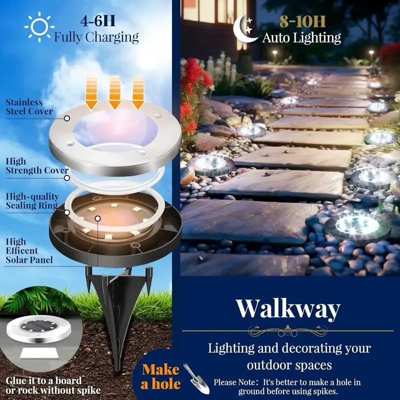 Solar Spike Lights - Sun-Powered LED Lights, IP65 Waterproof, Automatic Activation, Cool White, Auto OnOff, No Wiring, Outdoor Accent Lighting for Yard Decking Patio Home Decor Camping Essentials