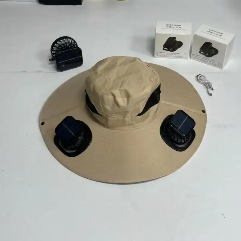 Adult Solar & USB Rechargeable Cooling Fan Bucket Hat - Wide Brim, 2 Removable Dual Fans, UV Protection, Lightweight Breathable Headwear, Heat Relief Hat, Multifunctional Headwear, Ideal for Hiking, Sports Fishing Cap