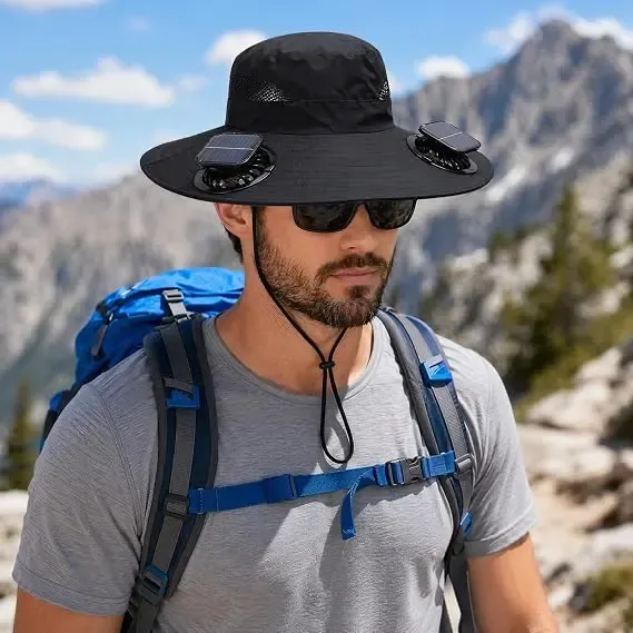 Adult Solar & USB Rechargeable Cooling Fan Bucket Hat - Wide Brim, 2 Removable Dual Fans, UV Protection, Lightweight Breathable Headwear, Heat Relief Hat, Multifunctional Headwear, Ideal for Hiking, Sports Fishing Cap