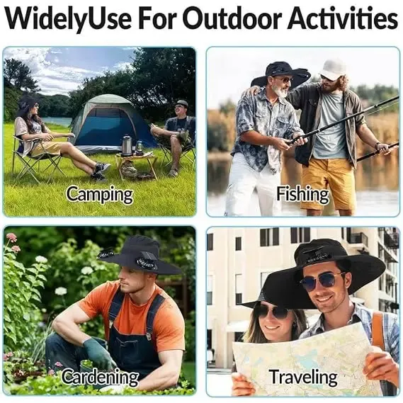Adult Solar & USB Rechargeable Cooling Fan Bucket Hat - Wide Brim, 2 Removable Dual Fans, UV Protection, Lightweight Breathable Headwear, Heat Relief Hat, Multifunctional Headwear, Ideal for Hiking, Sports Fishing Cap