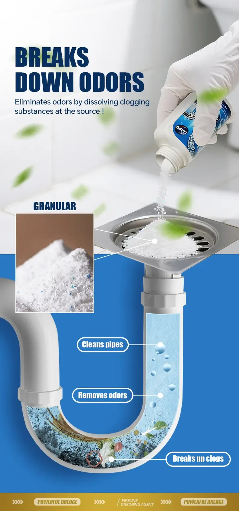 Liapu Powerful Plastic Household Drain Unclogger Powder Cleaner - Anti-Clogging Deodorizing, Bacteria-Killing, Odour Control, Dissolves 200 Clogs, Unscented, 1 Pc for Indoor Kitchen