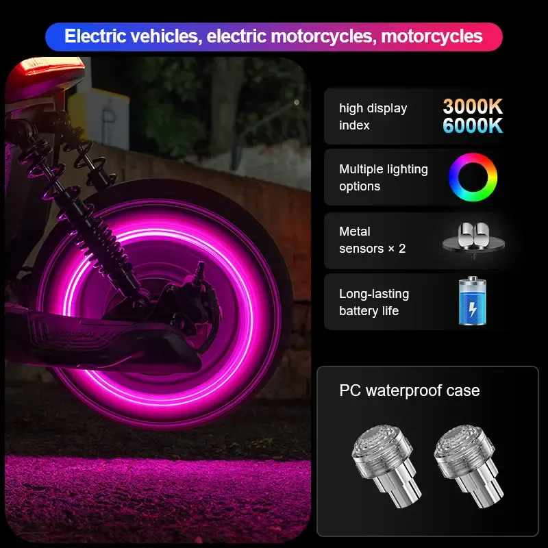 2pcs Electric Bike Motorcycle Car Bicycle Multi-Color HUB Light, Flashing Auto Light Up Tire Valve Warning Light, No Wiring Required