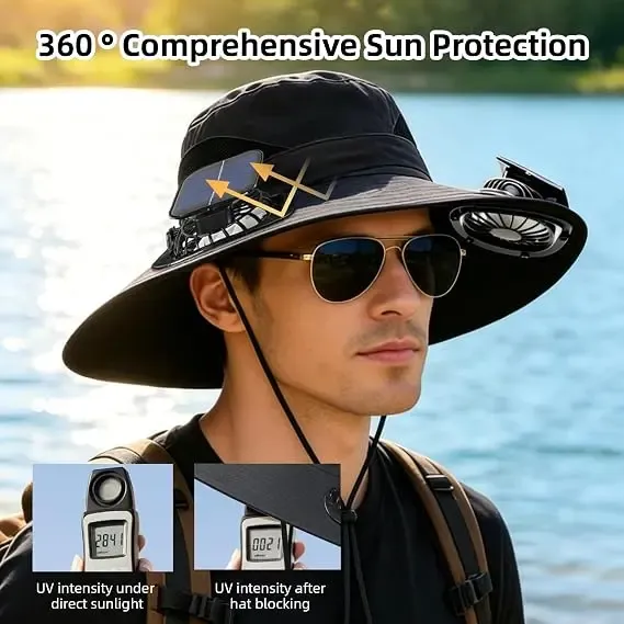 Adult Solar & USB Rechargeable Cooling Fan Bucket Hat - Wide Brim, 2 Removable Dual Fans, UV Protection, Lightweight Breathable Headwear, Heat Relief Hat, Multifunctional Headwear, Ideal for Hiking, Sports Fishing Cap