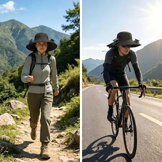 Adult Solar & USB Rechargeable Cooling Fan Bucket Hat - Wide Brim, 2 Removable Dual Fans, UV Protection, Lightweight Breathable Headwear, Heat Relief Hat, Multifunctional Headwear, Ideal for Hiking, Sports Fishing Cap