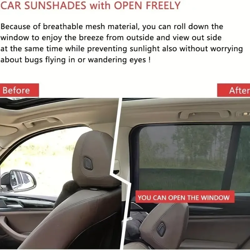 4 Pack Car Window Shades with Insect Mesh Screen UV Protection Breathable Car Window Net Universal Fit for Most Vehicles, Heat Insulation Privacy Sunshade for Travel Camping
