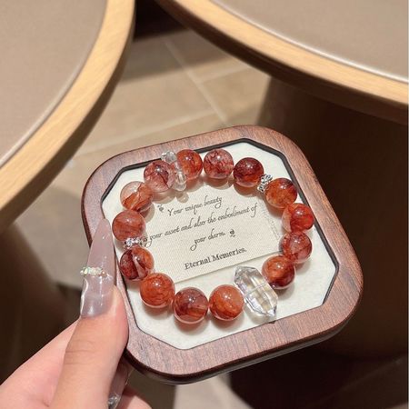 天然原色紅膠花搭配雙頭尖白水晶手串手鍊精緻百搭水晶飾品
