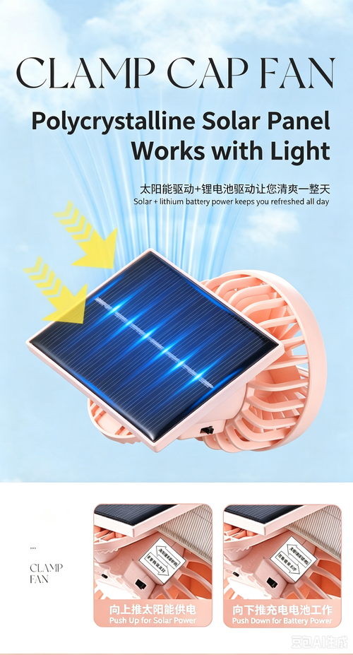 Multi‑Functional Clip‑on Hat Solar Charging Fan, Portable USB Rechargeable Fan for Travel, Outdoor Mountaineering & Desktop Use