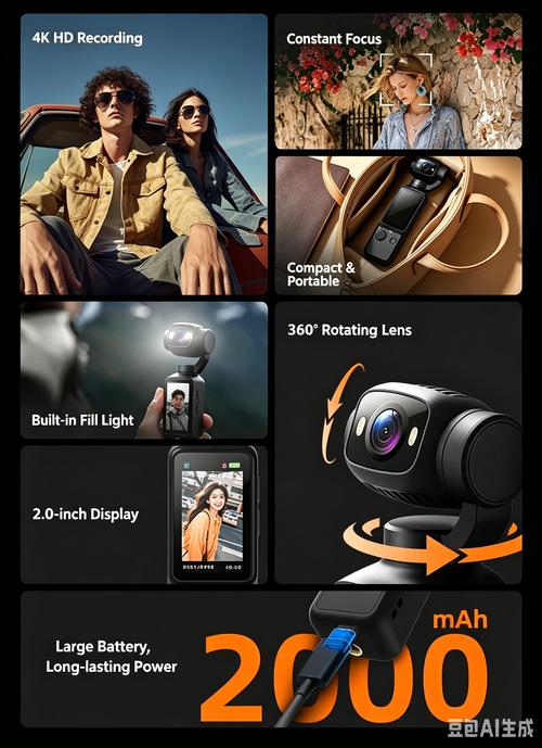 Handheld action camera, stabilization camera for portable shooting and cycling recording.