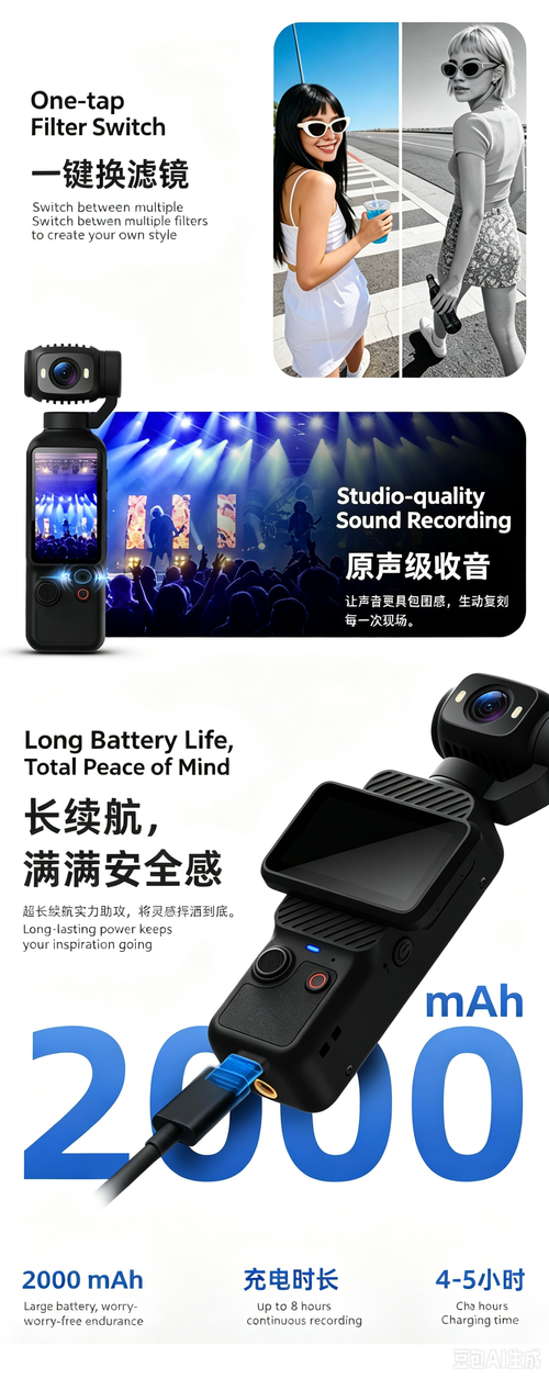 Handheld action camera, stabilization camera for portable shooting and cycling recording.