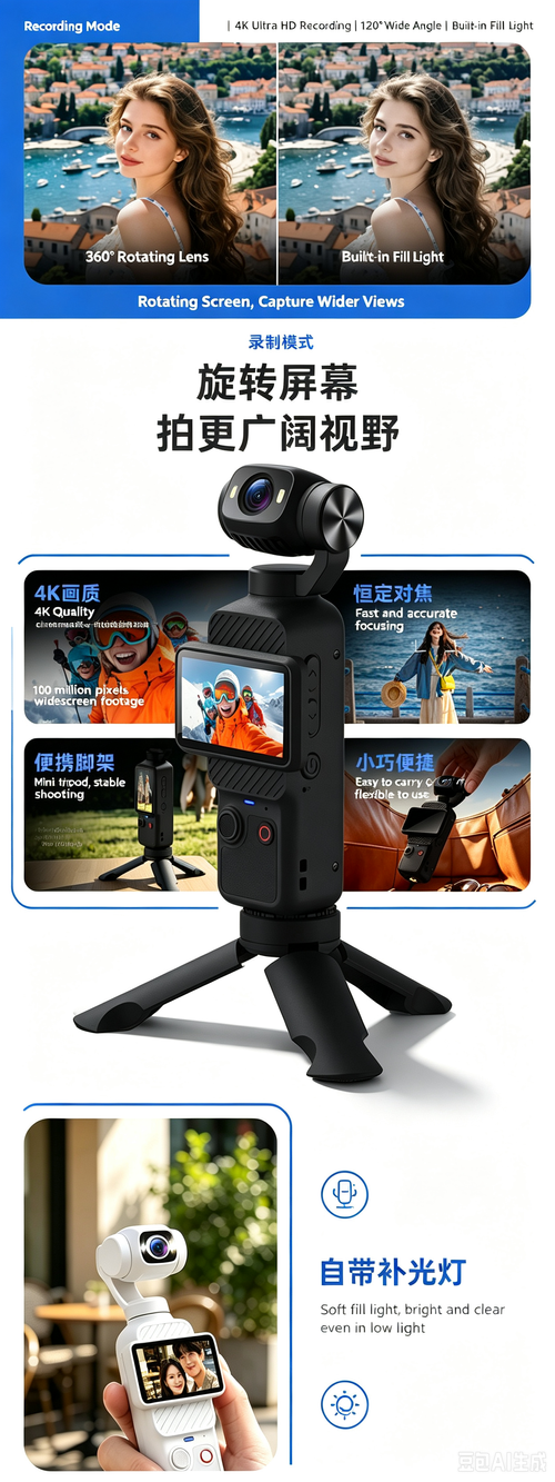 Handheld action camera, stabilization camera for portable shooting and cycling recording.