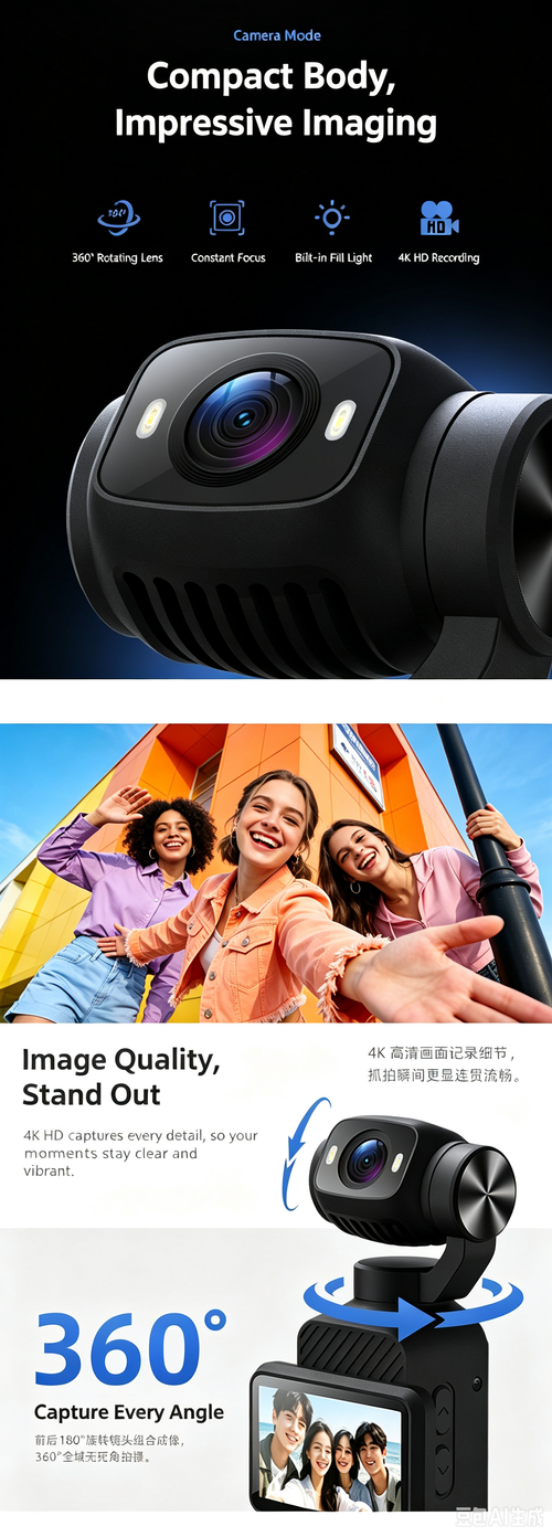 Handheld action camera, stabilization camera for portable shooting and cycling recording.