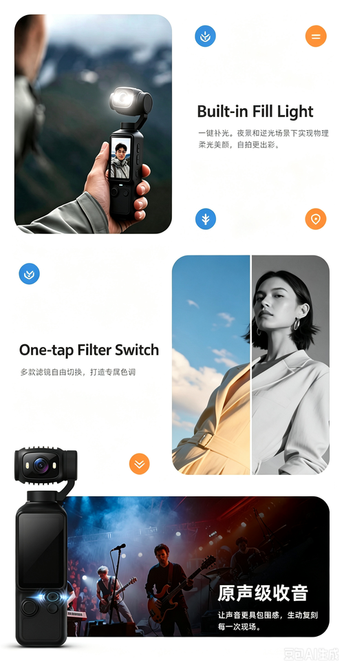 Handheld action camera, stabilization camera for portable shooting and cycling recording.