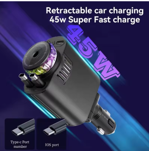 5 in 1 Car Charger With Retractable Cable Type C Cable For iPhone Cable Aromatherapy Starry Light Car Charger For iPhone Android