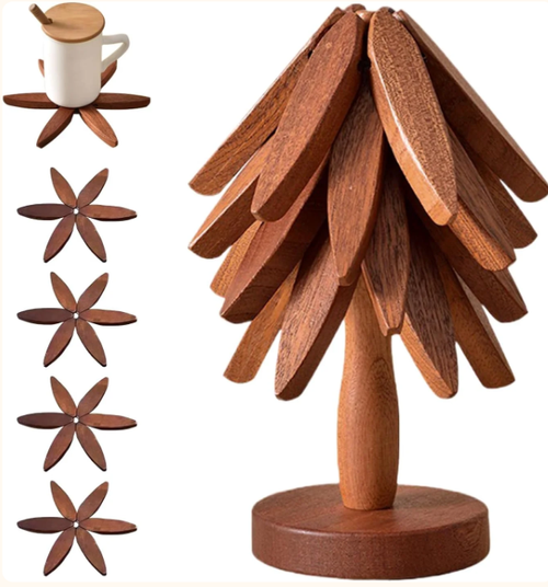 🔥Natural Tree Trivet Set - 4 bamoo Trivets & 1 Stand Like a Christmas Tree
