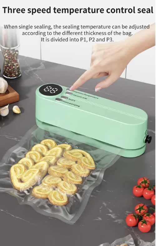 Green Mini Wireless Vacuum Sealer - Rechargeable Smart Food Sealer for Home Use | Portable Kitchen Plastic Sealer for Food Storage | Suitable for Home and Business Use
