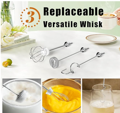 Nahida Beige Milk Frother Wand for Coffee, Frother Handheld Rechargeable Electric Whisk with 3 Heads 3 Speeds Drink Mixer Coffee Frother Foam Maker For Latte, Cappuccino, Hot Chocolate, Egg