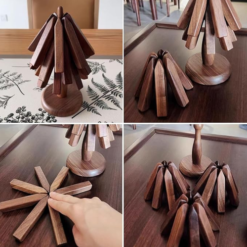 🔥Natural Tree Trivet Set - 4 bamoo Trivets & 1 Stand Like a Christmas Tree