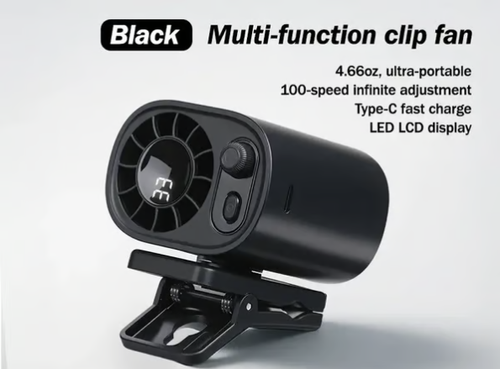 Car Clip On Fan with LED Display -360° Rotation, 100 Speeds Adjustable, USB Rechargeable