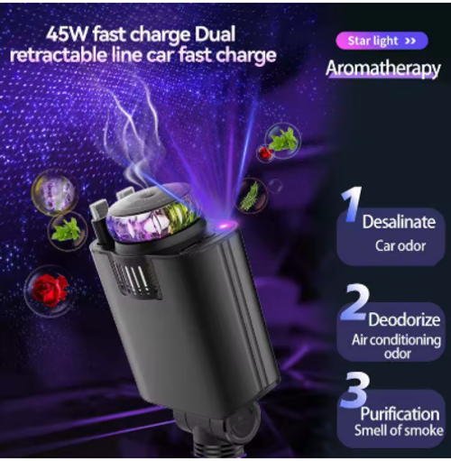 5 in 1 Car Charger With Retractable Cable Type C Cable For iPhone Cable Aromatherapy Starry Light Car Charger For iPhone Android
