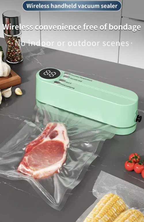 Green Mini Wireless Vacuum Sealer - Rechargeable Smart Food Sealer for Home Use | Portable Kitchen Plastic Sealer for Food Storage | Suitable for Home and Business Use