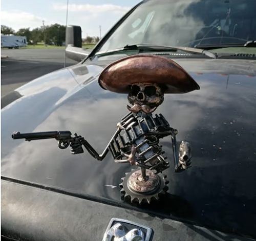 Cowboy Skull Gunslinger Hood Ornament Sculpture