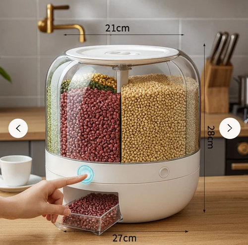 6 Grid Food Storage Dispenser Rice & Grain Storage Container 360°