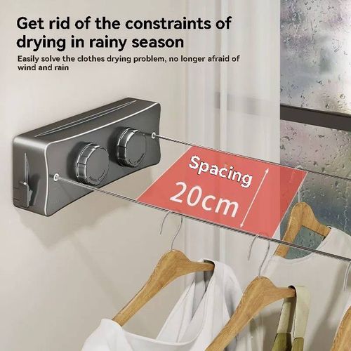 Invisible clothesline, no drilling required, retractable clothes drying device for indoor use on balconies.