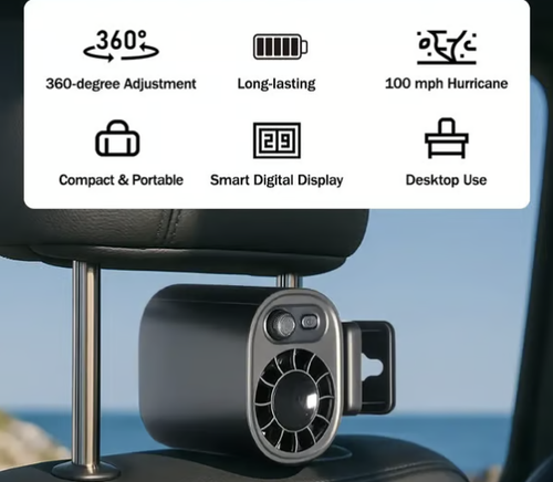 Car Clip On Fan with LED Display -360° Rotation, 100 Speeds Adjustable, USB Rechargeable