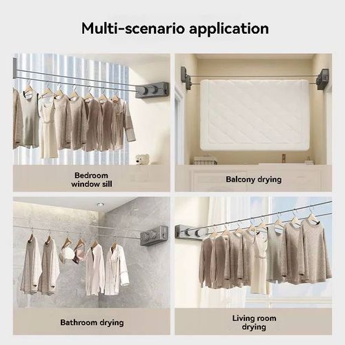 Invisible clothesline, no drilling required, retractable clothes drying device for indoor use on balconies.