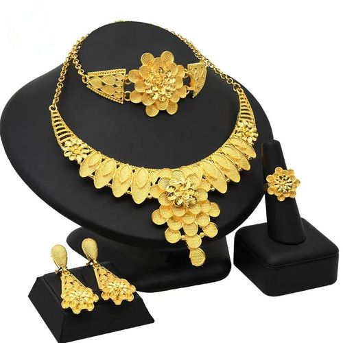 Conjunto de 4 Peças de Joias com Banho de Ouro 24K para Mulheres (Pulseira, Brincos, Colar, Anel)