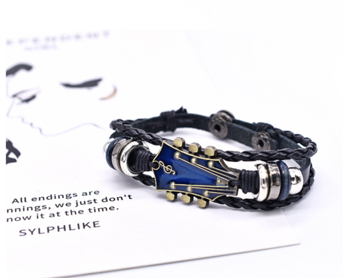 Retro Guitar Flag-Colored Leather Braided Bracelet Zinc Alloy Musical Note Quadruple Buckle Bracelet