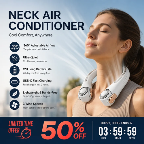 ⏳Time-Limited Special⏰Neck Air Conditioner Fan – Ultra‑quiet, 360° rotating, 3 speeds. Hands‑free cooling, long battery. Summer essential! 😎🌬️