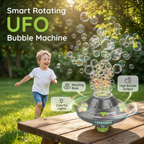 🛸 SMART ROTATING UFO BUBBLE MACHINE — 360° Auto-Rotation | Rechargeable | RGB Lights & Remote