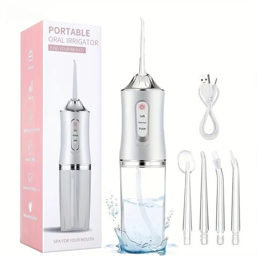 Portable Oral Irrigator Water Flosser with 5 Replacement Nozzles (Includes Orthodontic Tips), USB Rechargeable Cordless Design, Powerful Plaque Removal for Home & Travel.