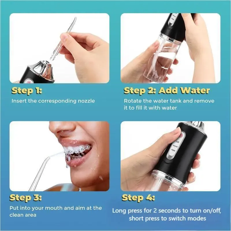Portable Oral Irrigator Water Flosser with 5 Replacement Nozzles (Includes Orthodontic Tips), USB Rechargeable Cordless Design, Powerful Plaque Removal for Home & Travel.