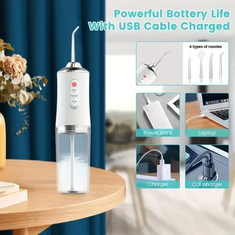 Portable Oral Irrigator Water Flosser with 5 Replacement Nozzles (Includes Orthodontic Tips), USB Rechargeable Cordless Design, Powerful Plaque Removal for Home & Travel.