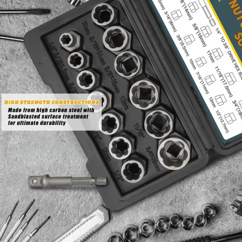 Bolt Extractor Tool Set (13+1 Pieces): Impact-Ready Nut and Bolt Removers for Stripped Nuts, Rounded-Off Bolts, and Damaged or Seized Fasteners