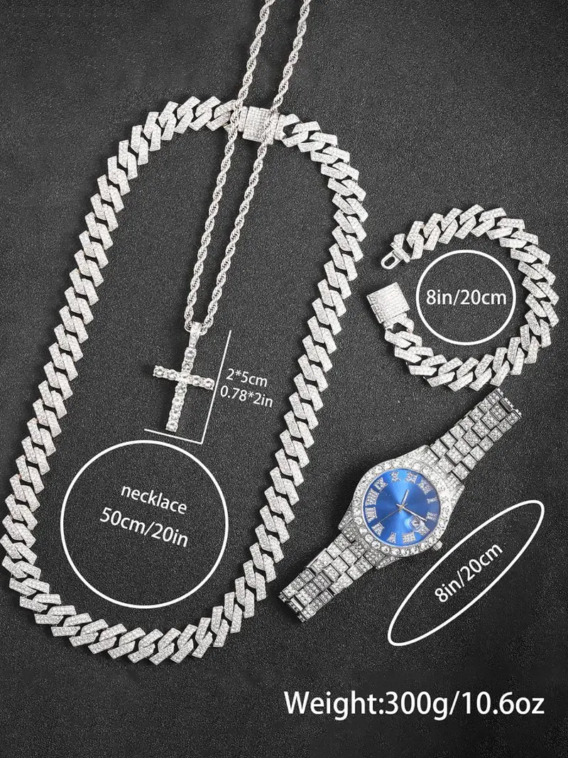 🔥 Nigeria's Favorite! Luxury Iced Out Jewelry Set (Watch + Cuban Chain + Cross Pendant)