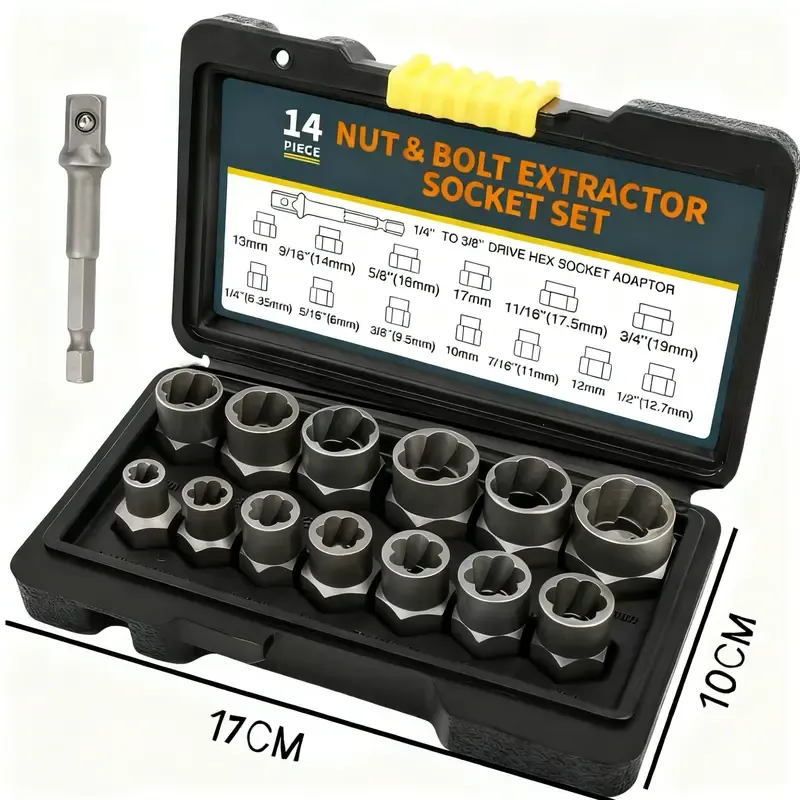 Bolt Extractor Tool Set (13+1 Pieces): Impact-Ready Nut and Bolt Removers for Stripped Nuts, Rounded-Off Bolts, and Damaged or Seized Fasteners
