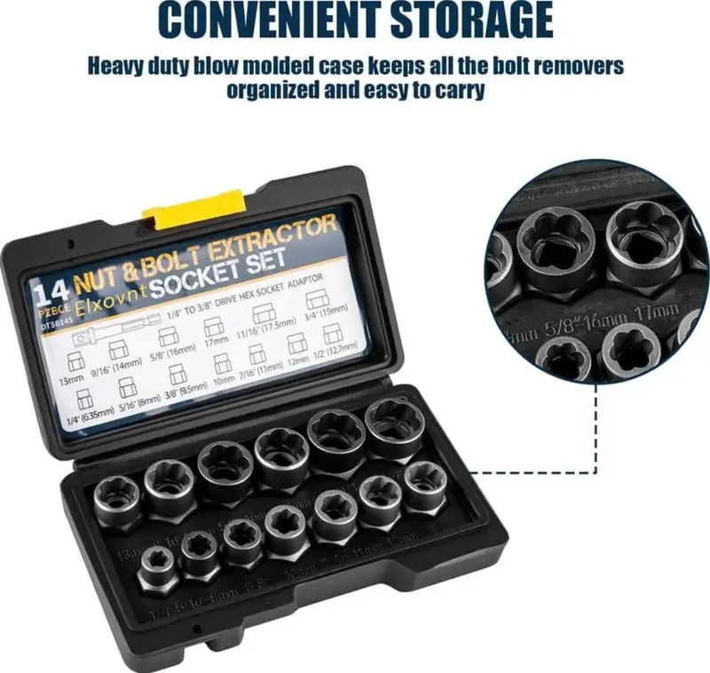 Bolt Extractor Tool Set (13+1 Pieces): Impact-Ready Nut and Bolt Removers for Stripped Nuts, Rounded-Off Bolts, and Damaged or Seized Fasteners