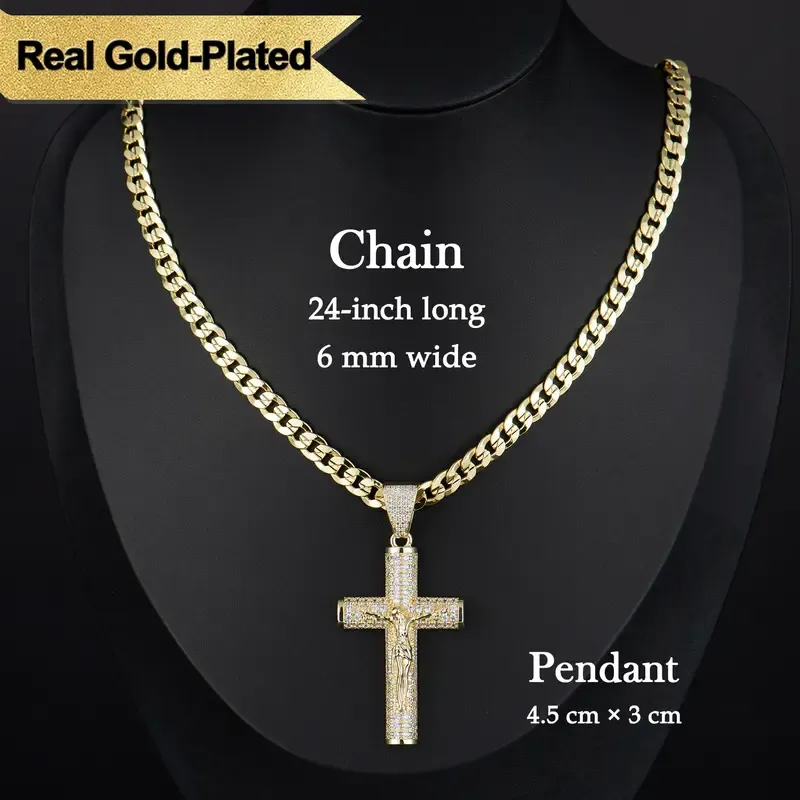 Real Gold-Plated Cross Necklace (24-inch) — Tarnish-resistant, featuring advanced nanotechnology.