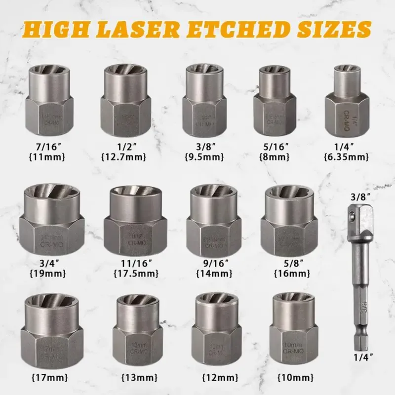 Bolt Extractor Tool Set (13+1 Pieces): Impact-Ready Nut and Bolt Removers for Stripped Nuts, Rounded-Off Bolts, and Damaged or Seized Fasteners