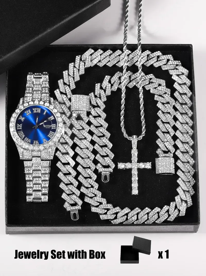 🔥 Nigeria's Favorite! Luxury Iced Out Jewelry Set (Watch + Cuban Chain + Cross Pendant)