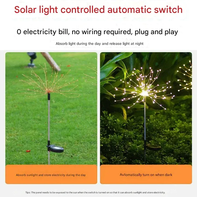 （2 packs）Solar-Powered Firework Fairy Lights - Waterproof Outdoor Camping Atmosphere Lamp - Solar Ground Spike Firework Light