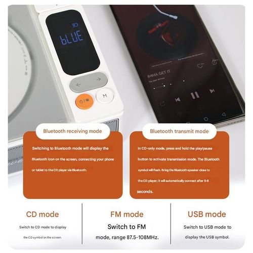 Bass Speaker CD Player with Bidirectional Bluetooth, Music Album Disc Playback, Portable and Rechargeable