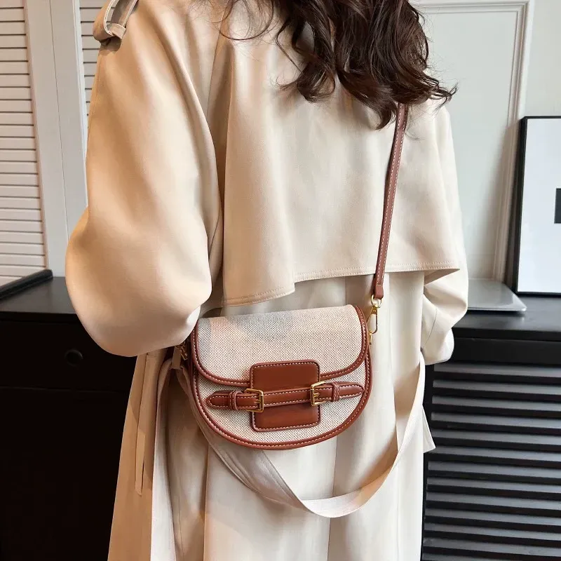 Semi-Circle Saddle Bag - Color-Block Korean Style Crossbody Purse