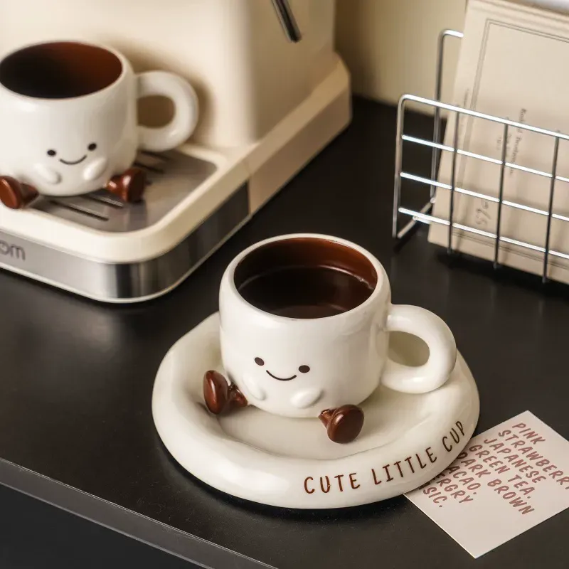 Cartoon Minimalist Ceramic Coffee Cup & Saucer Set, Gift Boxed - Ideal for Gifting and Home Use