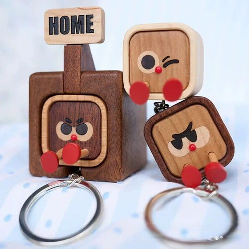 Creative Wooden Home & Out Keychain - Main Label Magnetic Solid Wood Key Fob with Fidgeting Feature
